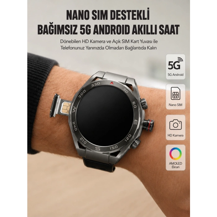 Mey İthalat® Kameralı 5G Android Akıllı Saat AMOLED Ekran Wi-Fi GPS SIM Kart Destekli