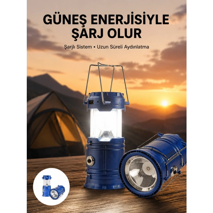 Mey İthalat® Kamp Feneri Şarj Edilebilir Güneş Enerjili Işıldak USB Şarjlı