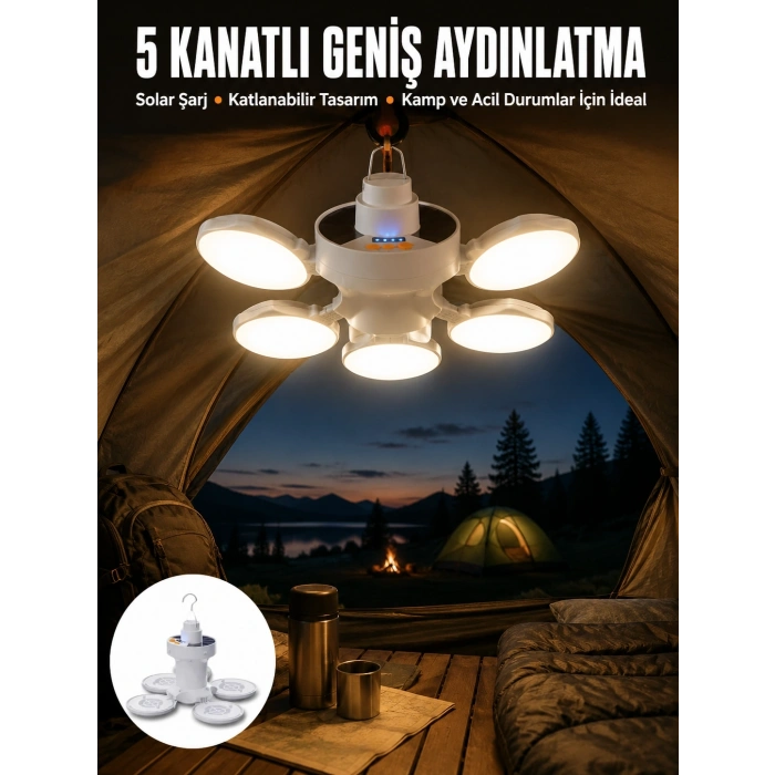 Mey İthalat® Kamp Lambası Işıldak Beyaz Işık Güneş Enerjili Solar Aydınlatma 5 Kanatlı Katlanabilir Yeni Nesil