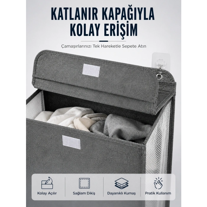 Mey İthalat® Kapaklı Duvar Tipi Kirli Çamaşır Sepeti Yer Tasarrufu Sağlayan