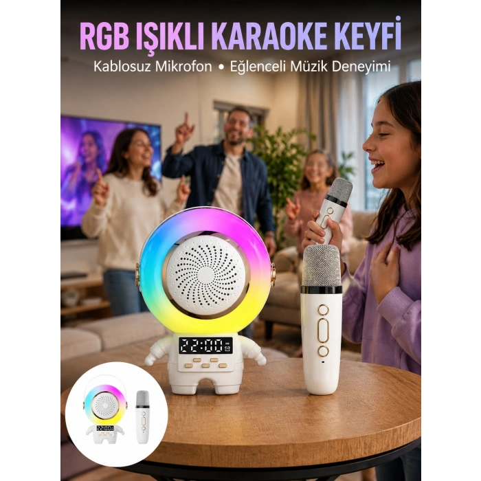 Mey İthalat® Karaoke Özellikli Astronot Bluetooth Hoparlör Kablosuz Mikrofonlu