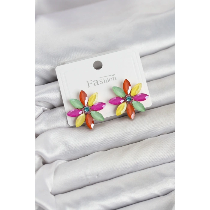 Mey İthalat® Karışık Renk Kristal Taşlı Lotus Çiçek Model Kadın Küpe