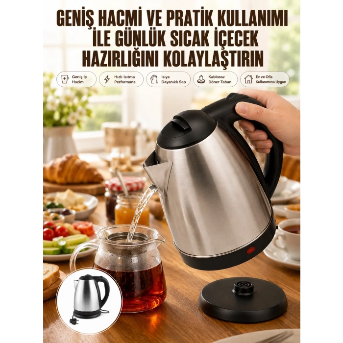 Mey İthalat® Kettle Su Isıtıcı C F Priz Uyumlu 220 - 240 V Paslanmaz Çelik Kablolu