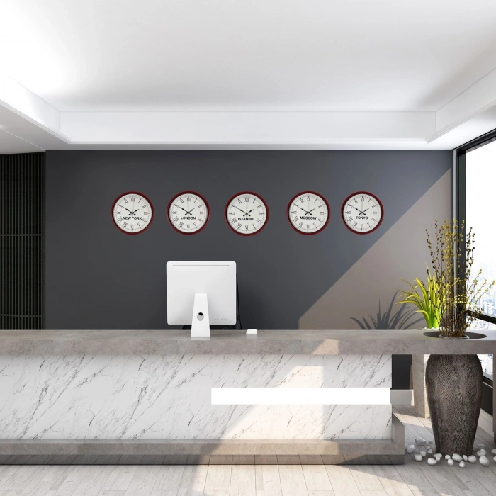 Mey İthalat® Kırmızı 5’li Dünya Saat Seti 36 cm Zarif Ve Şık