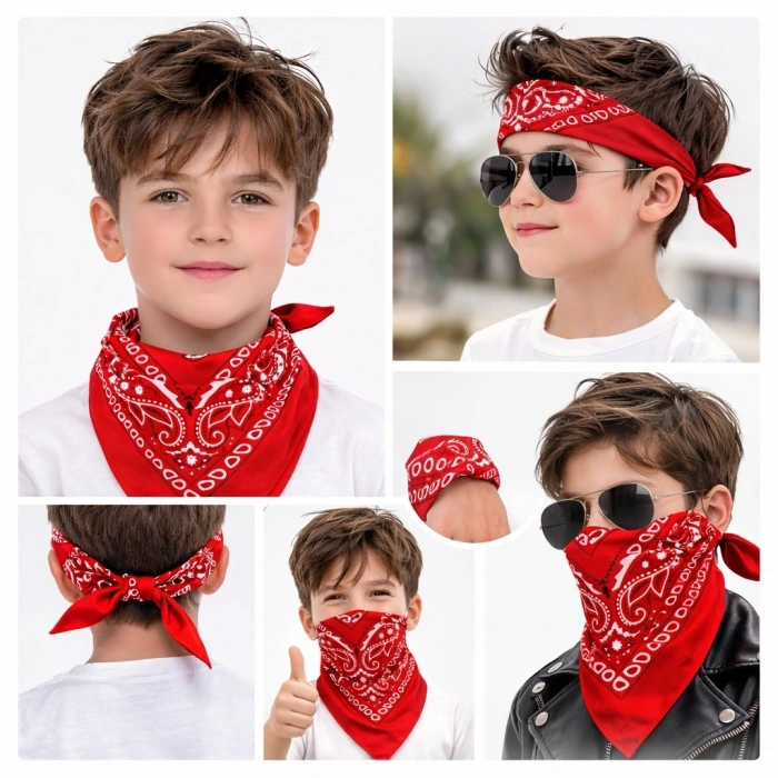 Mey İthalat® Kırmızı Kovboy Fuları Çocuk Bandana Western Desenli Boyun Fuları