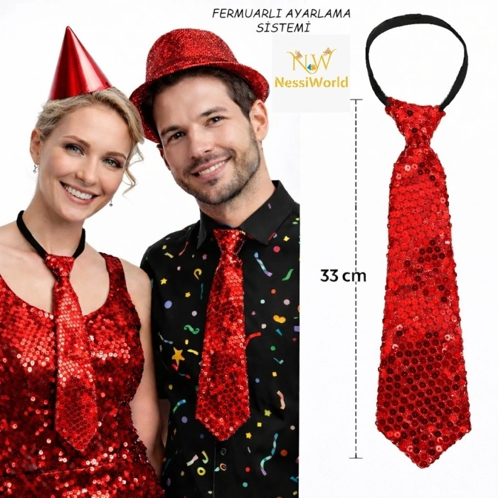 Mey İthalat® Kırmızı Pul Payetli Işıltılı Parti Kravatı 33 cm