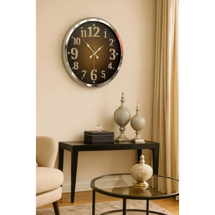 Mey İthalat® Krom Işıltılı Zaman 52 Cm Metal Duvar Saati