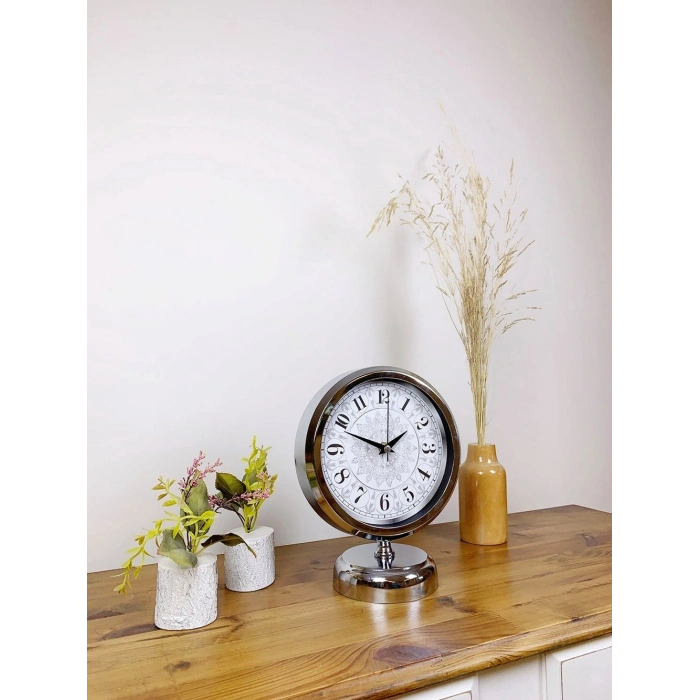 Mey İthalat® Krom Metal Çini Desen Masa Saati 25×20 cm