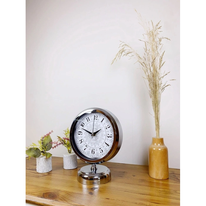 Mey İthalat® Krom Metal Çini Desen Masa Saati 25×20 cm