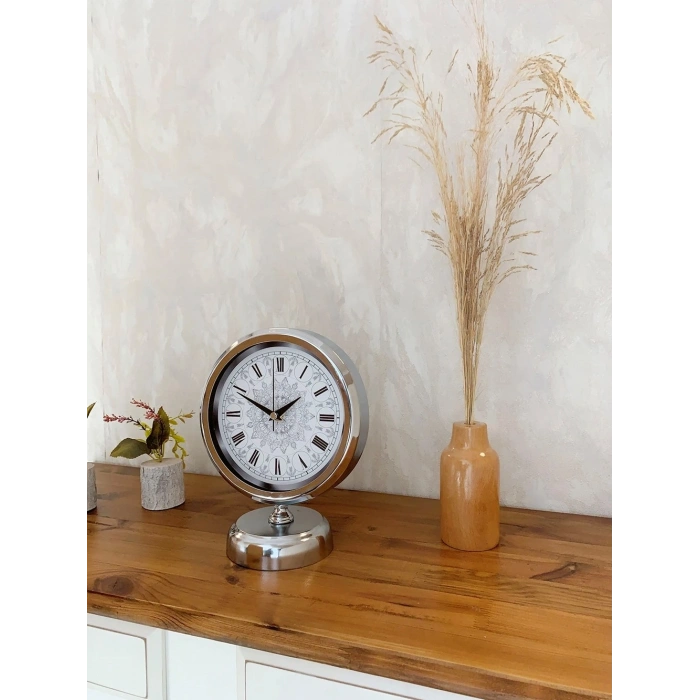 Mey İthalat® Krom Metal Çini Desen Roma Rakamlı Masa Saati
