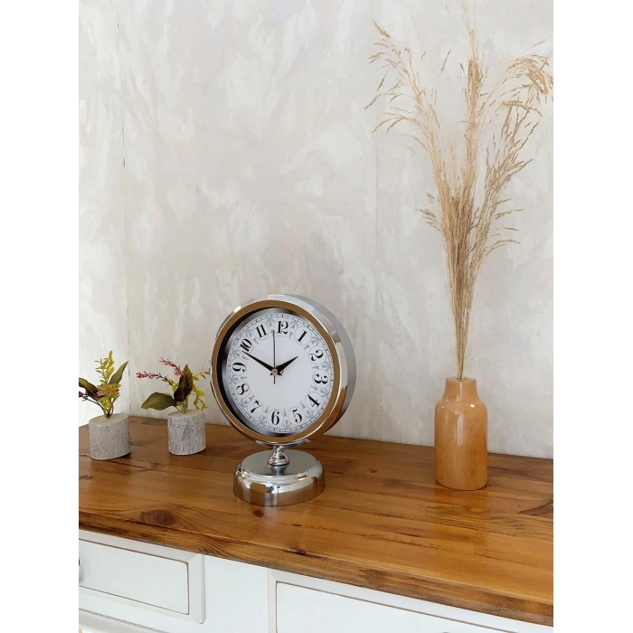 Mey İthalat® Krom Metal Desenli Masa Saati 25×20 cm