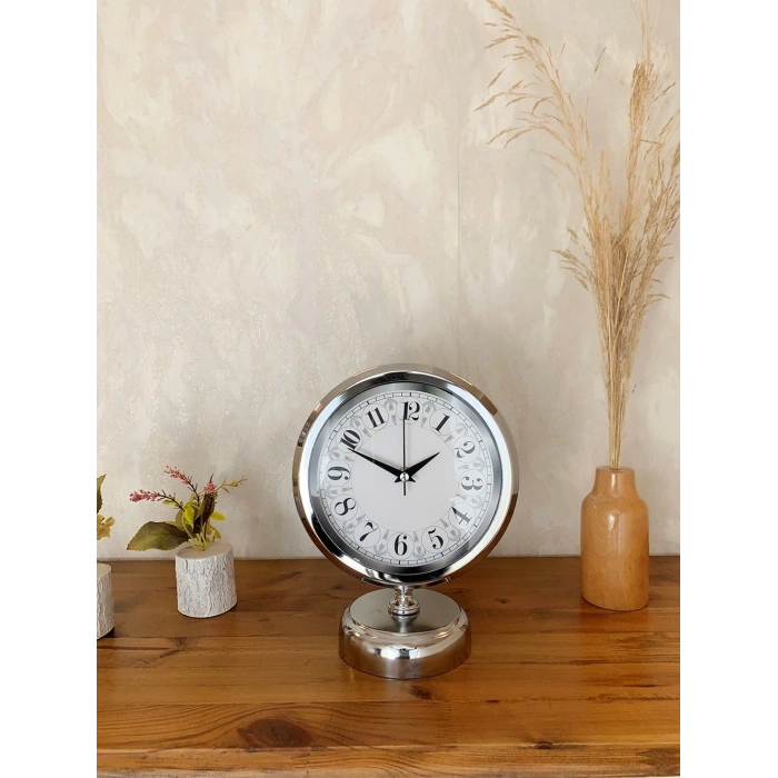 Mey İthalat® Krom Metal Desenli Masa Saati 25×20 cm
