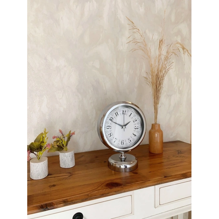 Mey İthalat® Krom Metal Desenli Masa Saati 25×20 cm