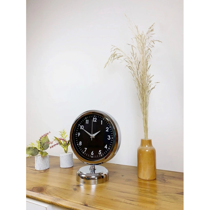 Mey İthalat® Krom Metal Gece Siyahı Masa Saati 25×20 cm