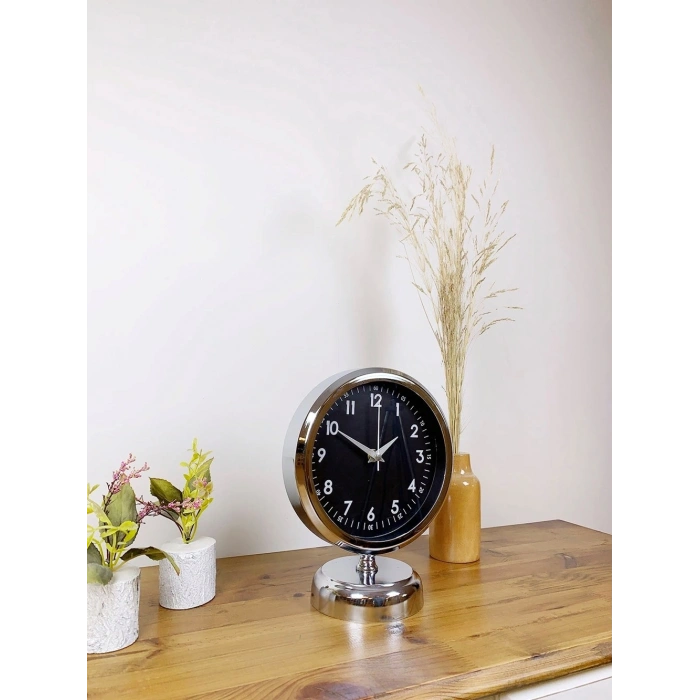 Mey İthalat® Krom Metal Gece Siyahı Masa Saati 25×20 cm
