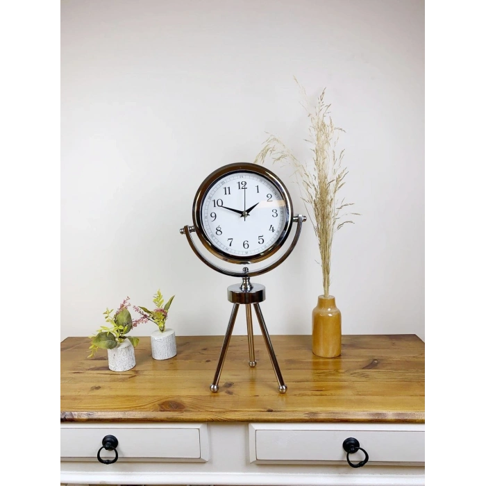 Mey İthalat® Krom Metal Mini Tripod Dekoratif Masa Saati 45×26 cm