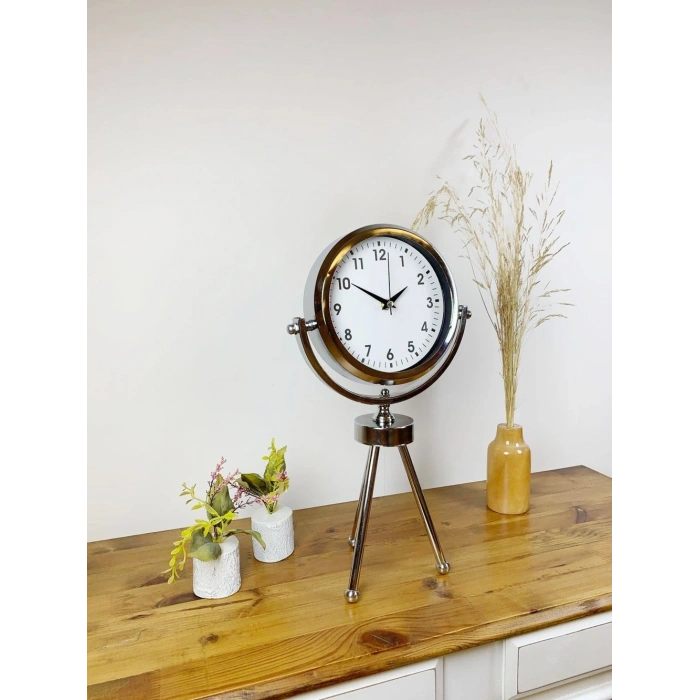 Mey İthalat® Krom Metal Mini Tripod Lüks Masa Saati 45×26 cm