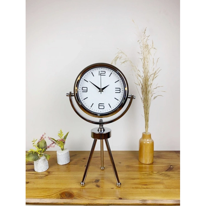 Mey İthalat® Krom Metal Mini Tripod Modern Masa Saati 45×26 cm
