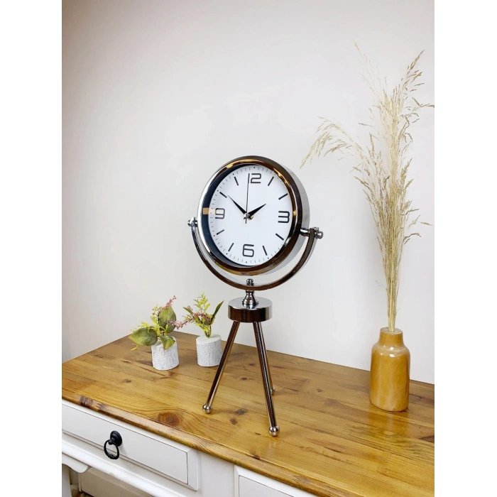 Mey İthalat® Krom Metal Mini Tripod Modern Masa Saati 45×26 cm