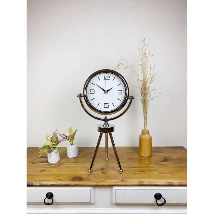 Mey İthalat® Krom Metal Mini Tripod Modern Masa Saati 45×26 cm