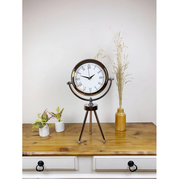 Mey İthalat® Krom Metal Mini Tripod Retro Masa Saati 45×26 cm