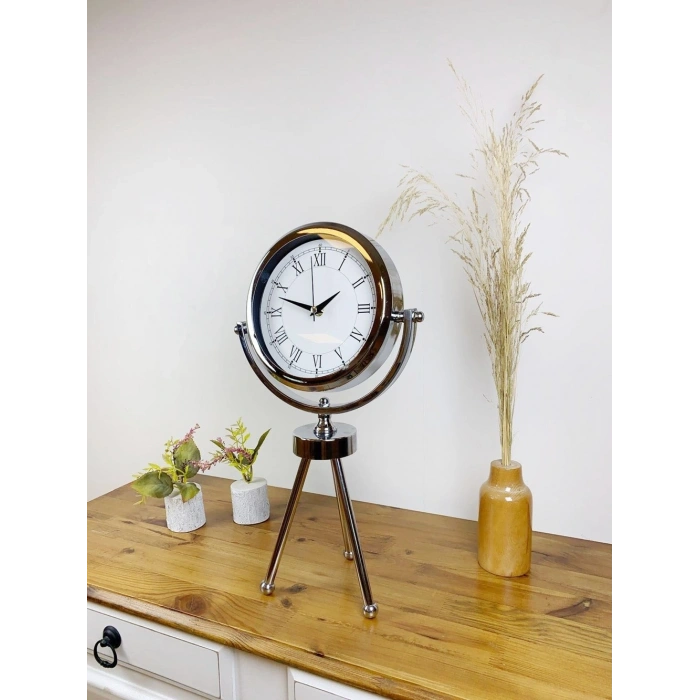 Mey İthalat® Krom Metal Mini Tripod Retro Masa Saati 45×26 cm