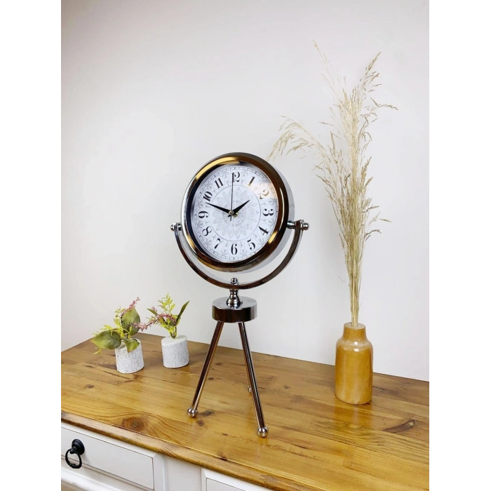 Mey İthalat® Krom Metal Mini Tripod Retro Masa Saati 45×26 cm