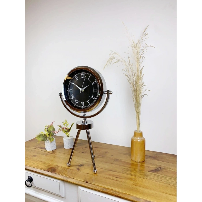 Mey İthalat® Krom Metal Mini Tripod Siyah Retro Masa Saati 45×26 cm