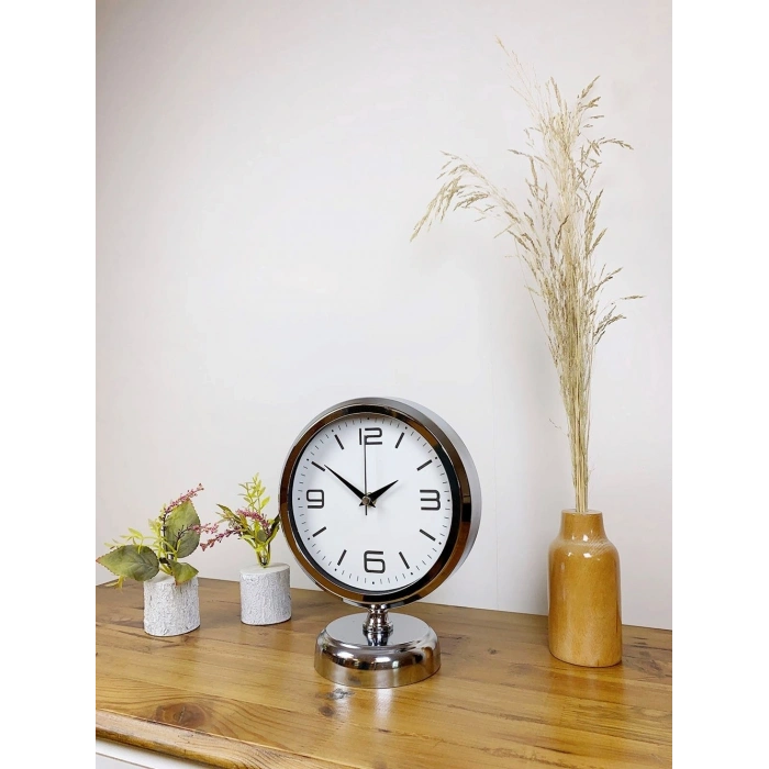 Mey İthalat® Krom Metal Modern Masa Saati 25×20 cm