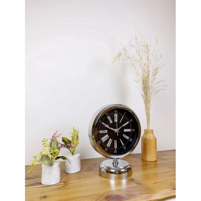 Mey İthalat® Krom Metal Roma Rakamlı Masa Saati 25×20 cm