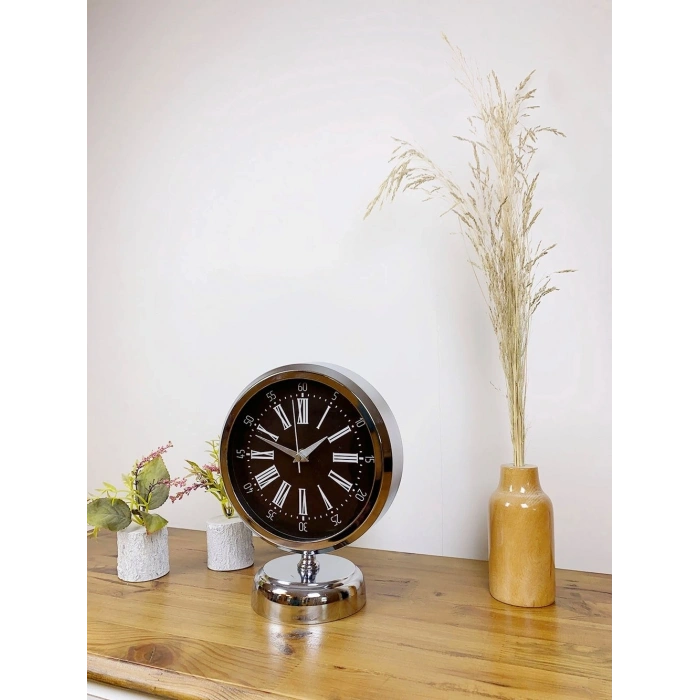 Mey İthalat® Krom Metal Roma Rakamlı Masa Saati 25×20 cm