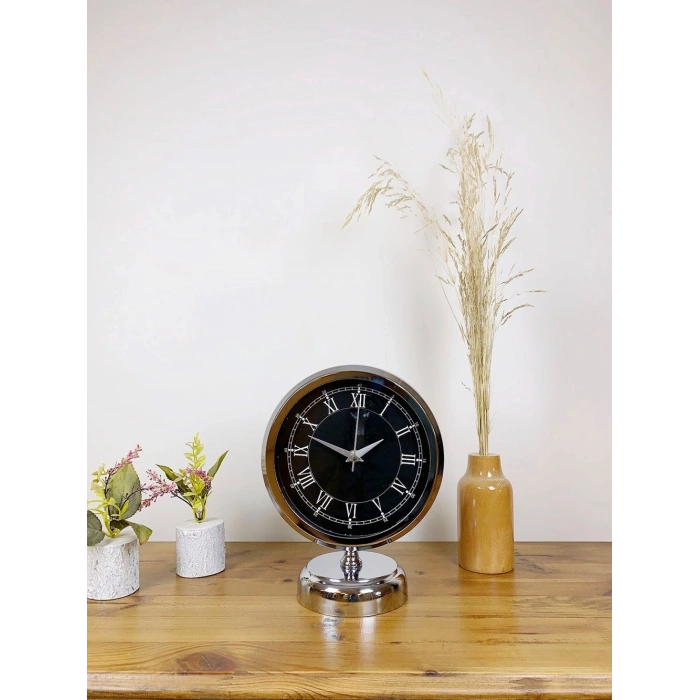 Mey İthalat® Krom Metal Siyah Retro Masa Saati 25×20 cm