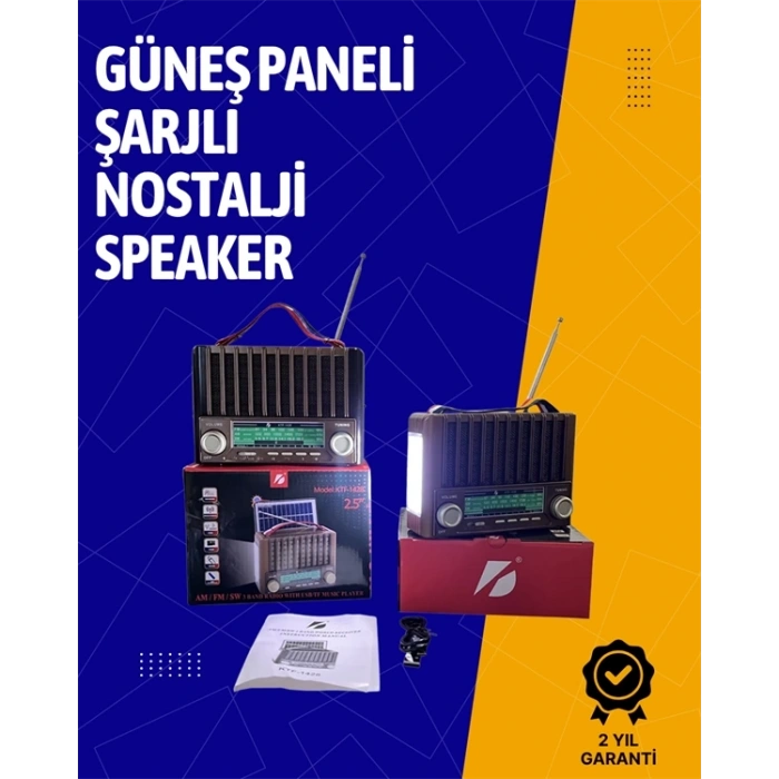 Mey İthalat® KTF-1428 Solar Enerjiyle Şarj Olabilen Bluetooth Nostalji Hoparlör – Taşınabilir, Güçlü Ses, MP3 Okuyucu