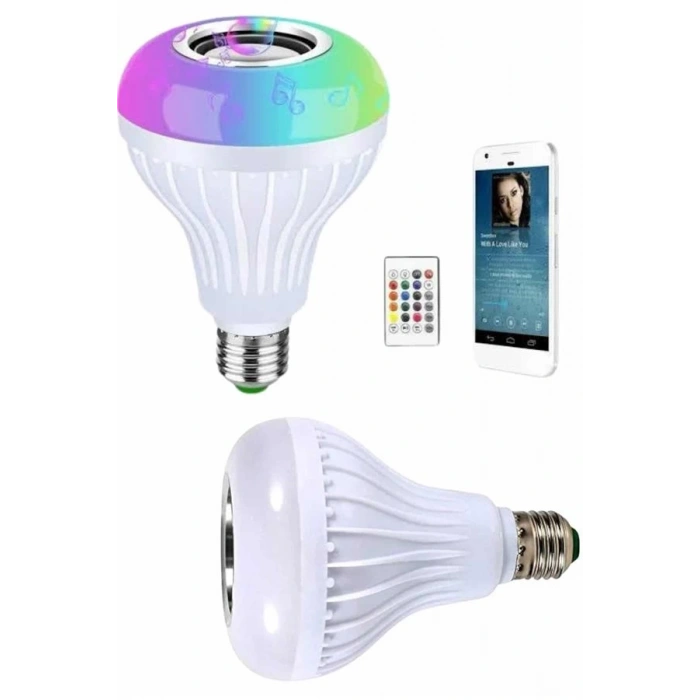 Mey İthalat® Kumandalı RGB Led Işık Bluetooth Hoparlör Ses Lambası Renkli Ampul