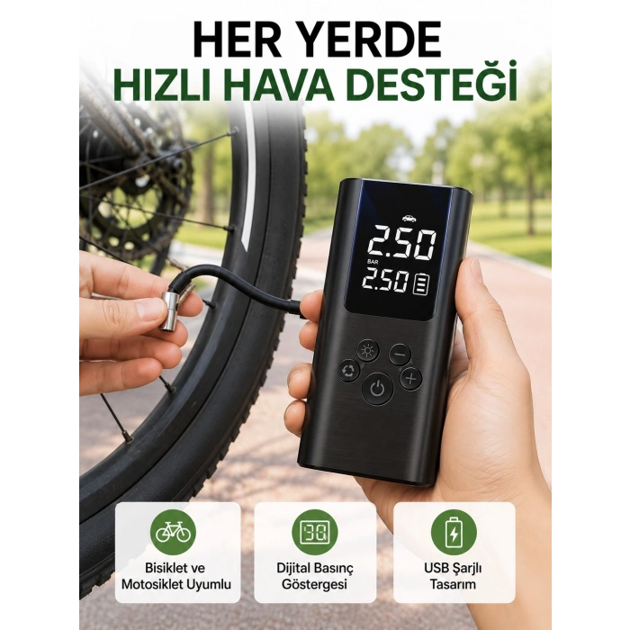 Mey İthalat® LED Işıklı Dijital Hava Pompası Araba Bisiklet Uyumlu