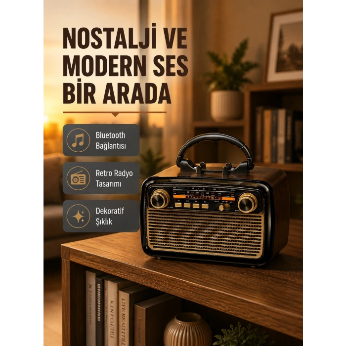 Mey İthalat® LED’li Nostaljik Bluetooth Hoparlör – Vintage Tasarım, Ahşap Doku