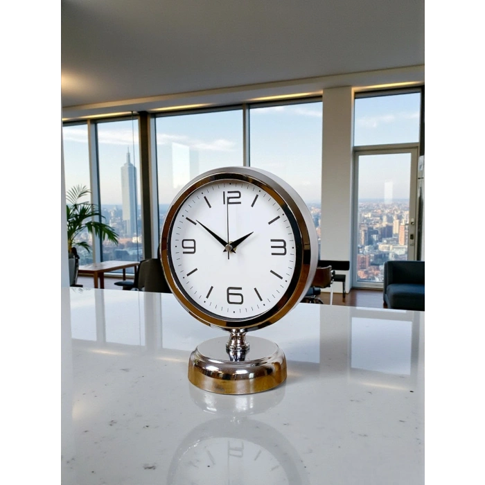 Mey İthalat®  Line 25 x 20 Cm Metal Krom Masa Saati