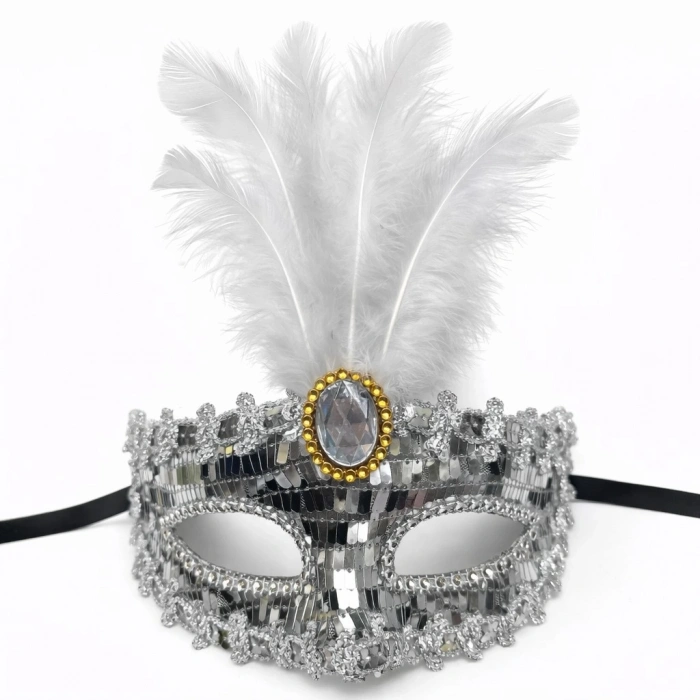 Mey İthalat® Lüks Gümüş Tüylü Taşlı Balo Maskesi