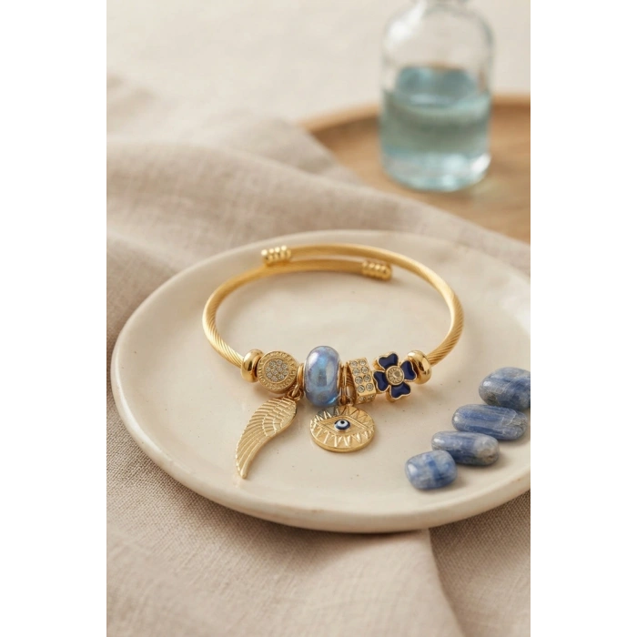 Mey İthalat® Mavi Göz Model Gold Renk Charmlı Bileklik