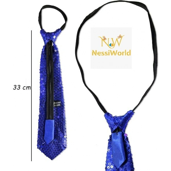 Mey İthalat® Mavi Pul Payetli Işıltılı Parti Kravatı 33 cm