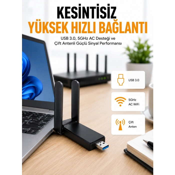 Mey İthalat® Mbps Wifi Alıcı Kablosuz Wifi Adaptörü Çift Band Çift Antenli Yeni Nesil
