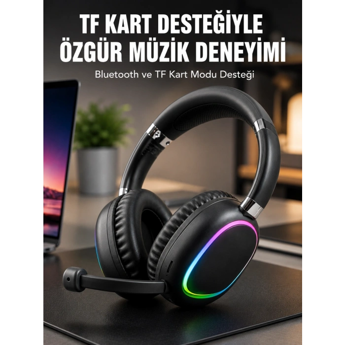 Mey İthalat® Mikrofonlu Bluetooth Kulak Üstü Kulaklık RGB Aydınlatmalı Type-C Şarjlı