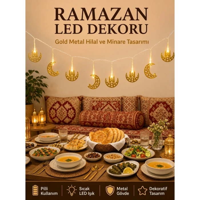Mey İthalat® Minareli Hilal LED Işık Gold Metal Gövdeli Pilli Ramazan Dekoru