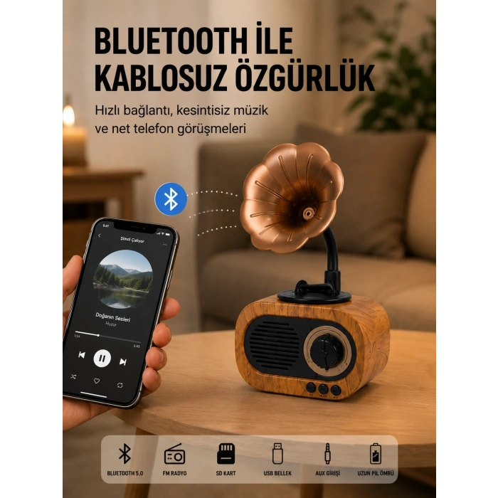 Mey İthalat® Mini Nostaljik Bluetooth Hoparlör FM Radyo 8 Saat Batarya Yeni Nesil