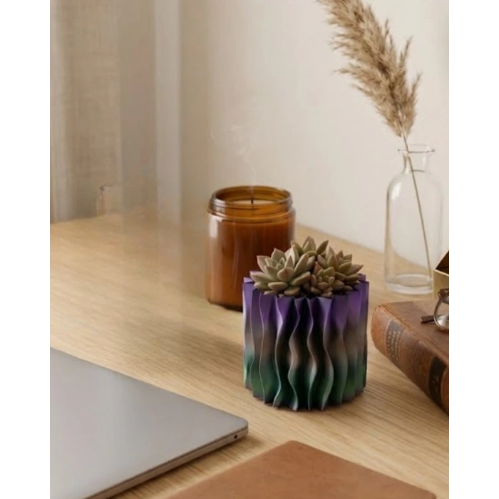 Mey İthalat® Modern Dalgalı Yüzey Tasarımlı Mor 3D Dekoratif Saksı Vazo
