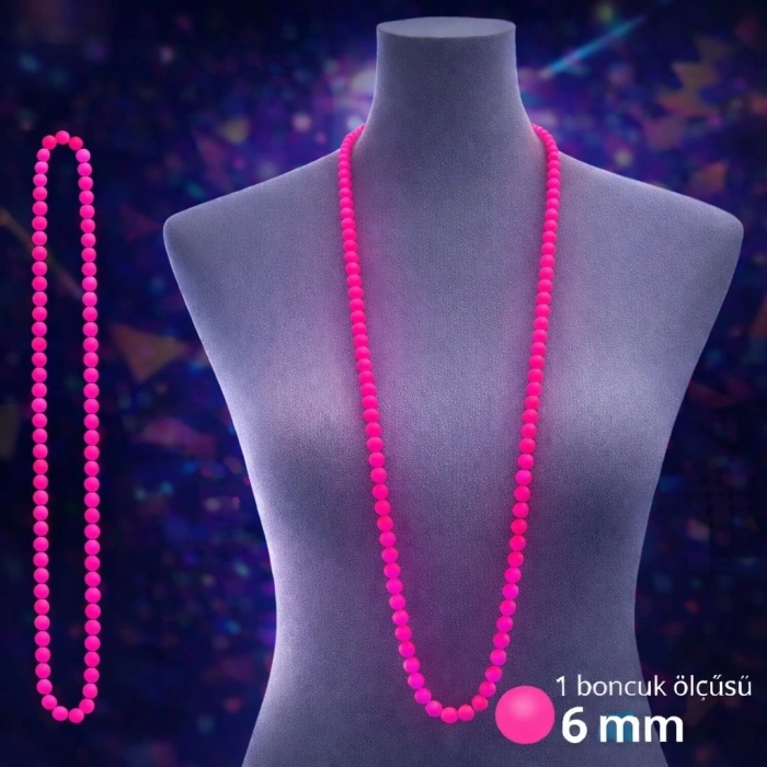 Mey İthalat® Neon Pembe Boncuk Kolye 80 cm – Retro 80’ler 90’lar Parti Aksesuarı