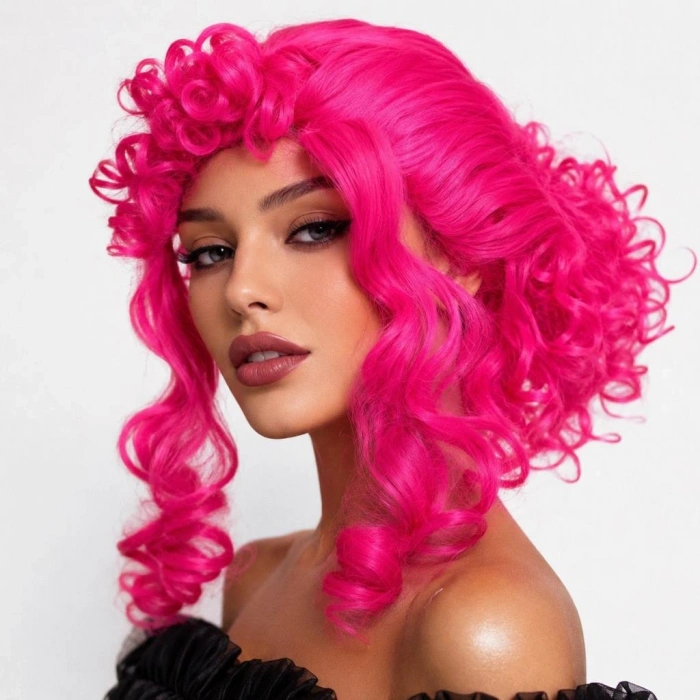 Mey İthalat® Neon Pembe Bukleli Kıvırcık Cosplay Peruğu - İçi Astarlı