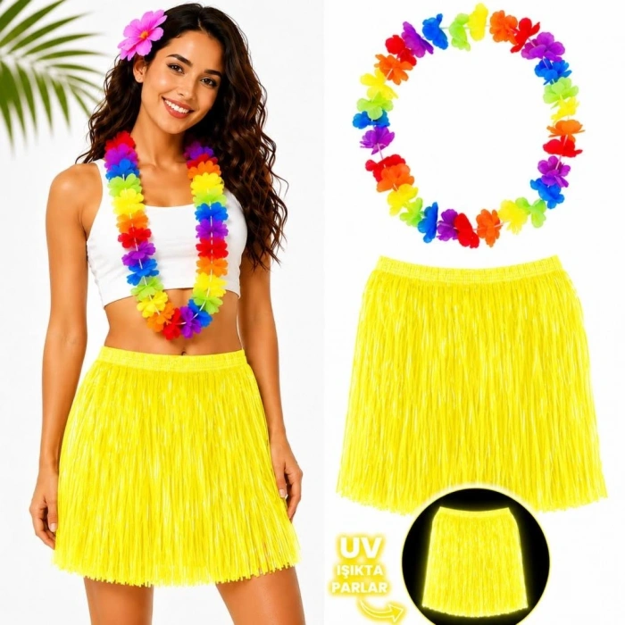 Mey İthalat® Neon Sarı Hawaii Etek 40 cm ve Rengarenk Hawaii Kolye