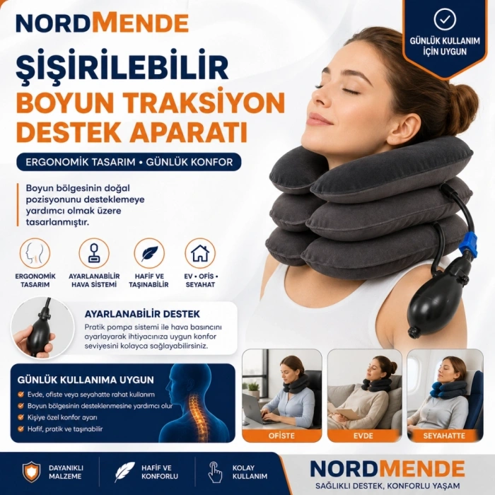 Mey İthalat® NORDMENDE Şişirilebilir Boyun Traksiyon Cihazı | Ayarlanabilir Boyun Destek Yastığı | Ergonomik Boyun Destek Aparatı