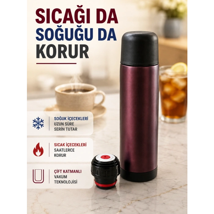 Mey İthalat® Paslanmaz Çelik Vakumlu Termos Sıcak ve Soğuk İçecek Termosu